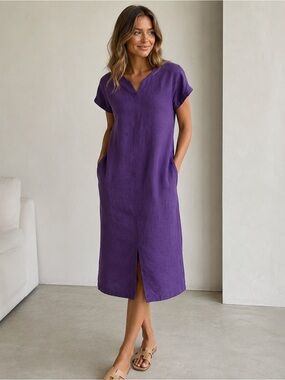 Vintage Purple 100% Linen Maxi Dress | Made in USA | Minimalist | Size M